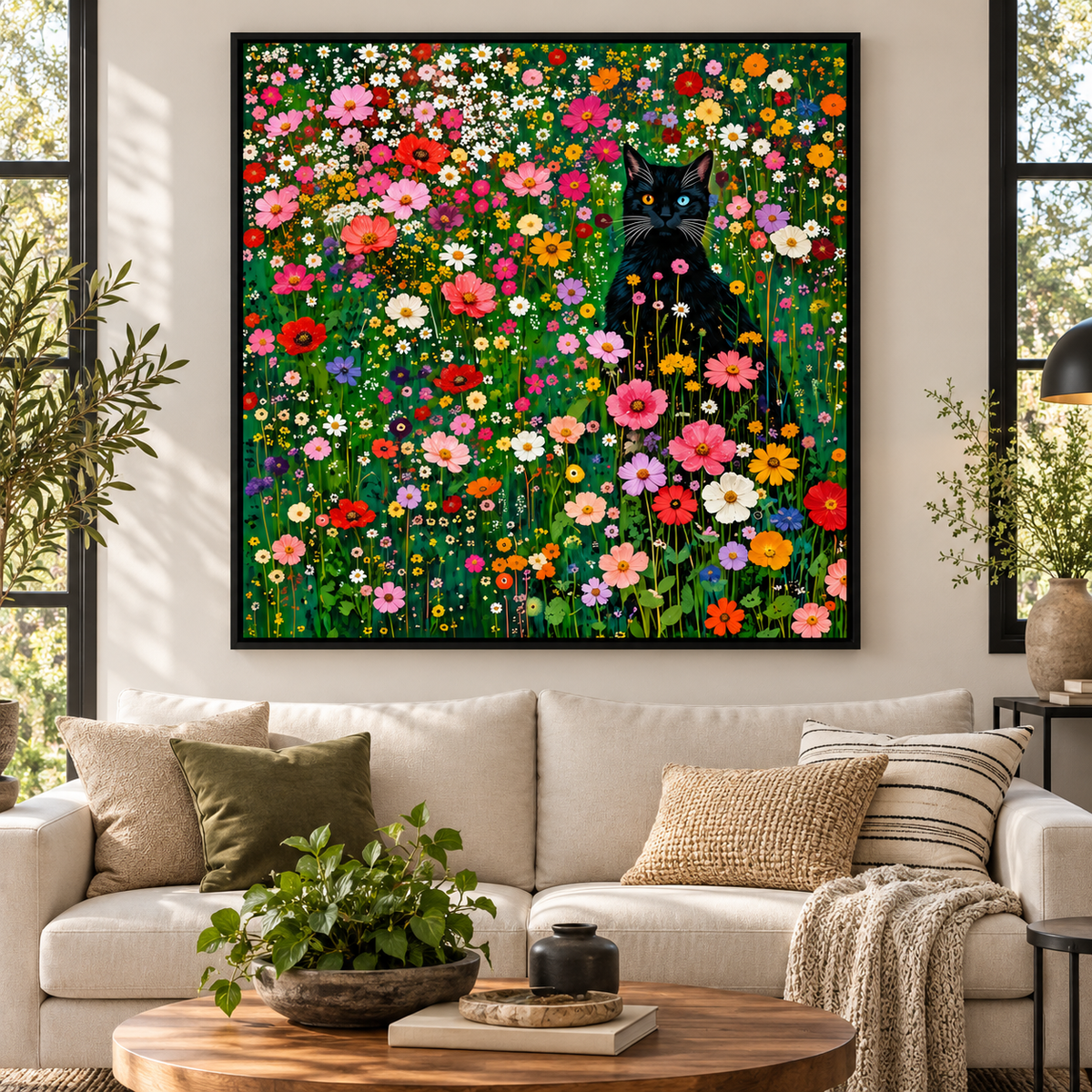 Black Cat Wildflower Wall Art – Colorful Floral Canvas Print