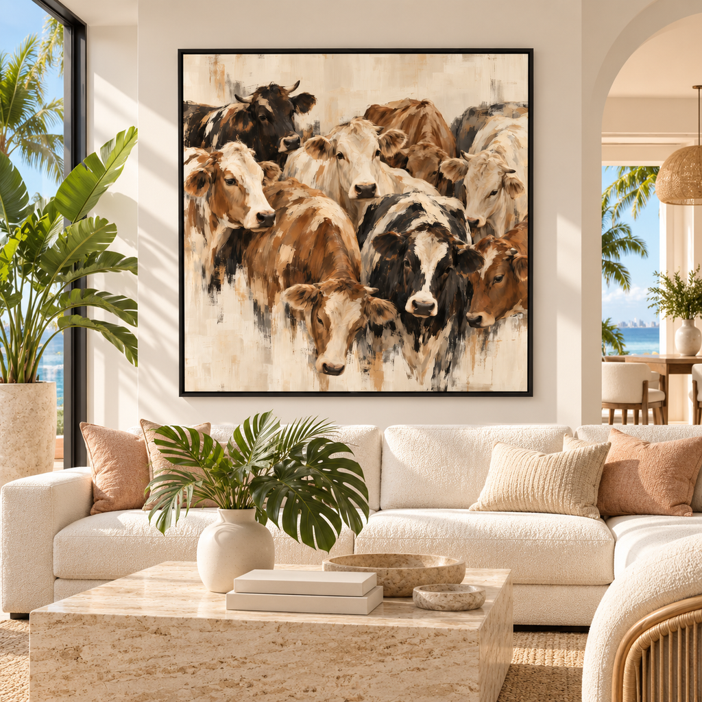 Cow Herd Wall Art – Neutral Rustic Farmhouse Cattle Canvas