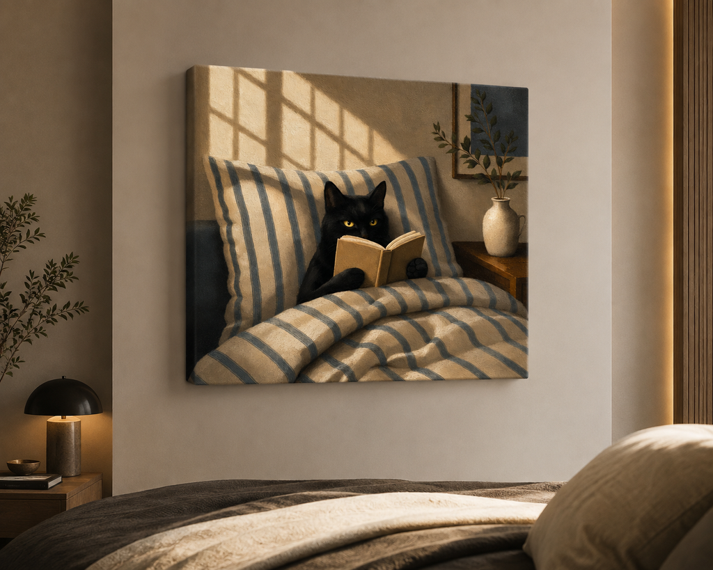 Black Cat Reading Wall Art – Cozy Cat in Bed Canvas for Book Lovers