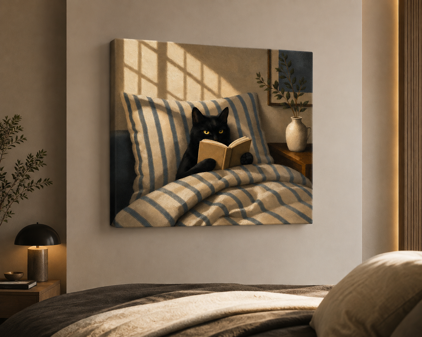 Black Cat Reading Wall Art – Cozy Cat in Bed Canvas for Book Lovers