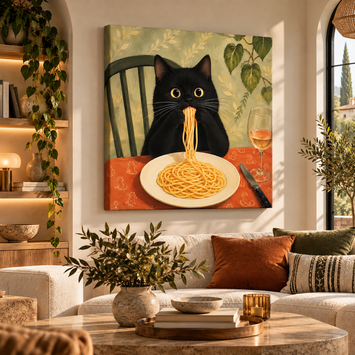 Black Cat Eating Spaghetti Canvas Wall Art – Funny Kitchen Cat Painting