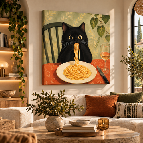 Black Cat Eating Spaghetti Canvas Wall Art – Funny Kitchen Cat Painting