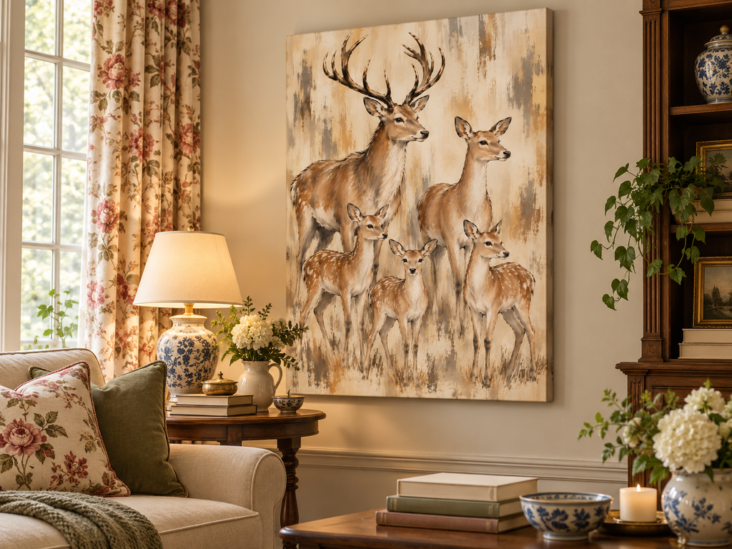 Deer Family Wall Art – Neutral Wildlife Canvas for Rustic & Farmhouse Decor