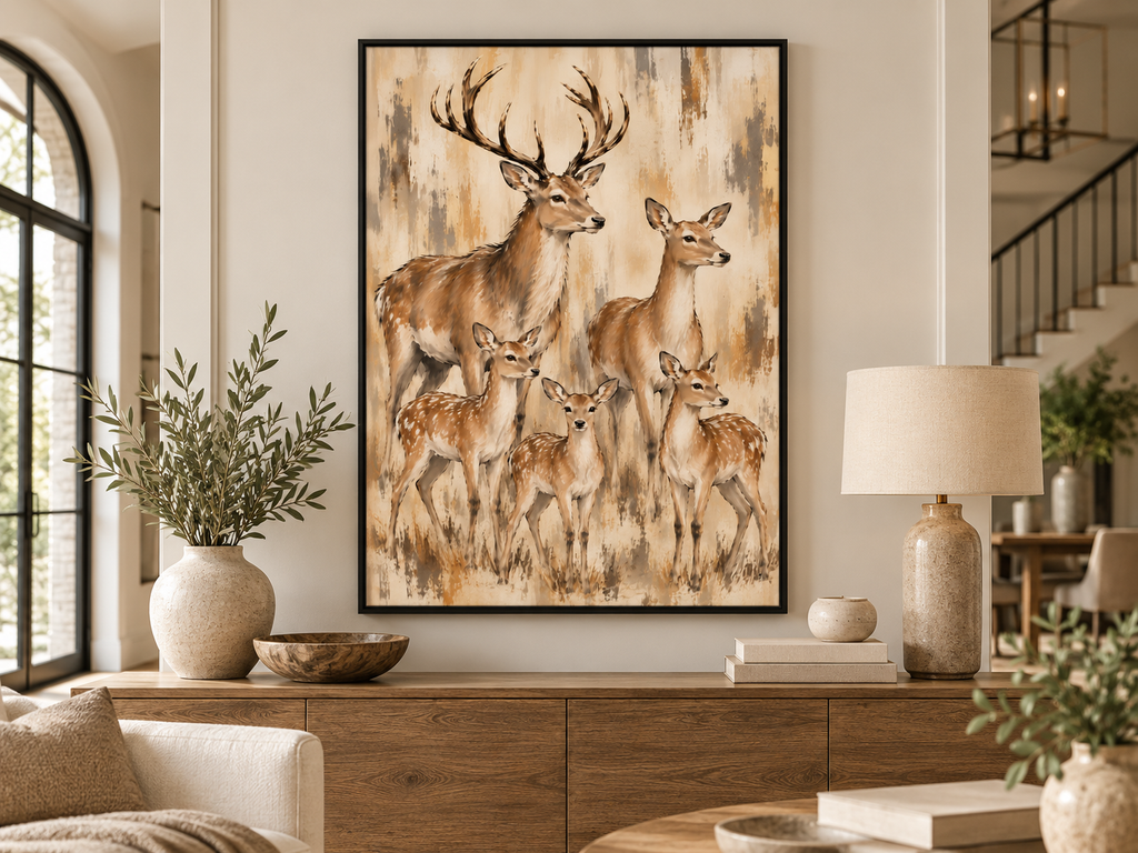 Deer Family Wall Art – Neutral Wildlife Canvas for Rustic & Farmhouse Decor