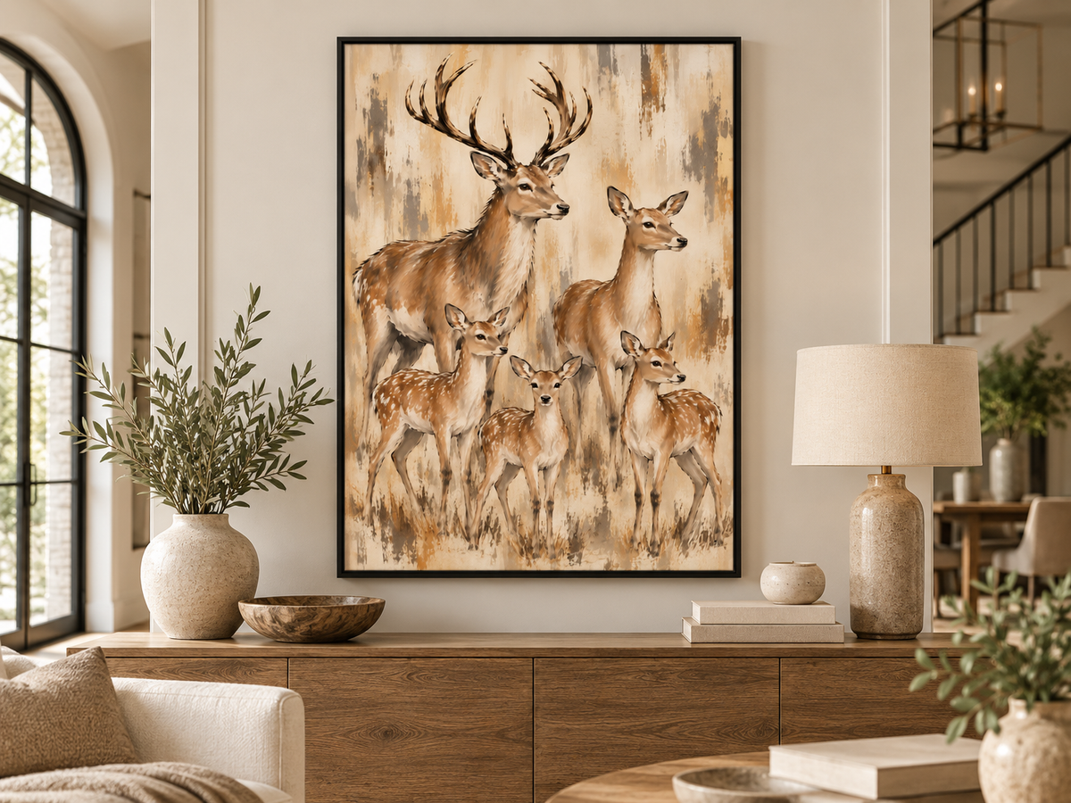 Deer Family Wall Art – Neutral Wildlife Canvas for Rustic & Farmhouse Decor