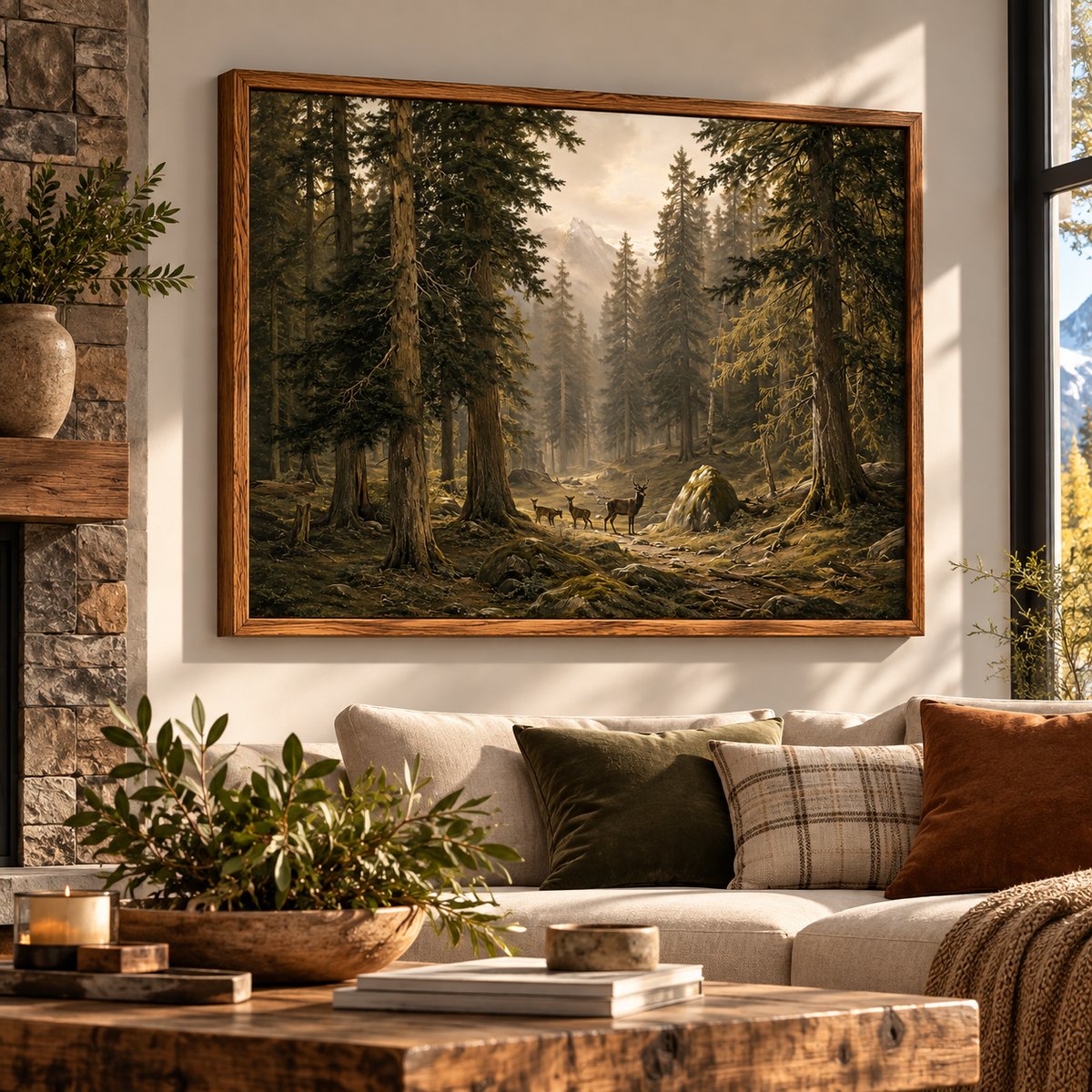 Deer in Forest Canvas Wall Art – Vintage Woodland Landscape Print