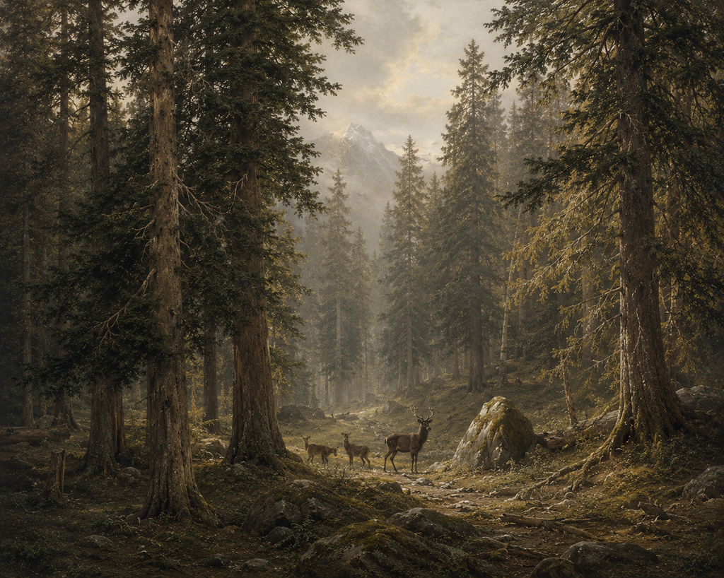 Deer in Forest Canvas Wall Art – Vintage Woodland Landscape Print