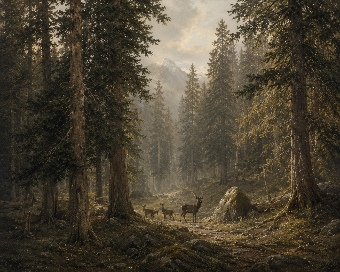 Deer in Forest Canvas Wall Art – Vintage Woodland Landscape Print