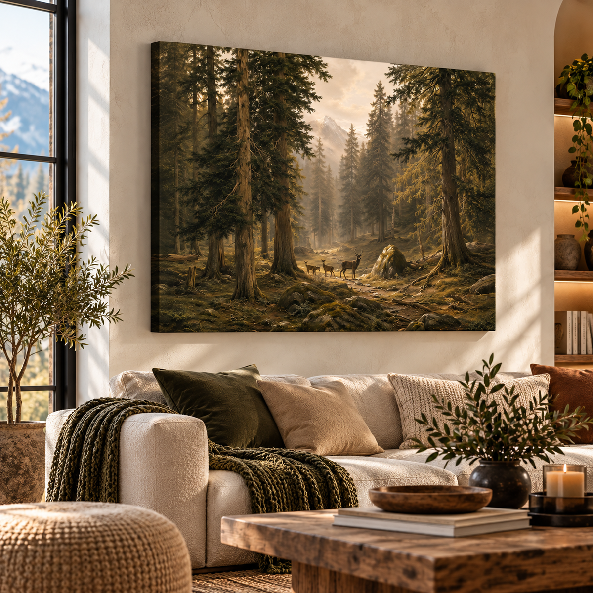 Deer in Forest Canvas Wall Art – Vintage Woodland Landscape Print