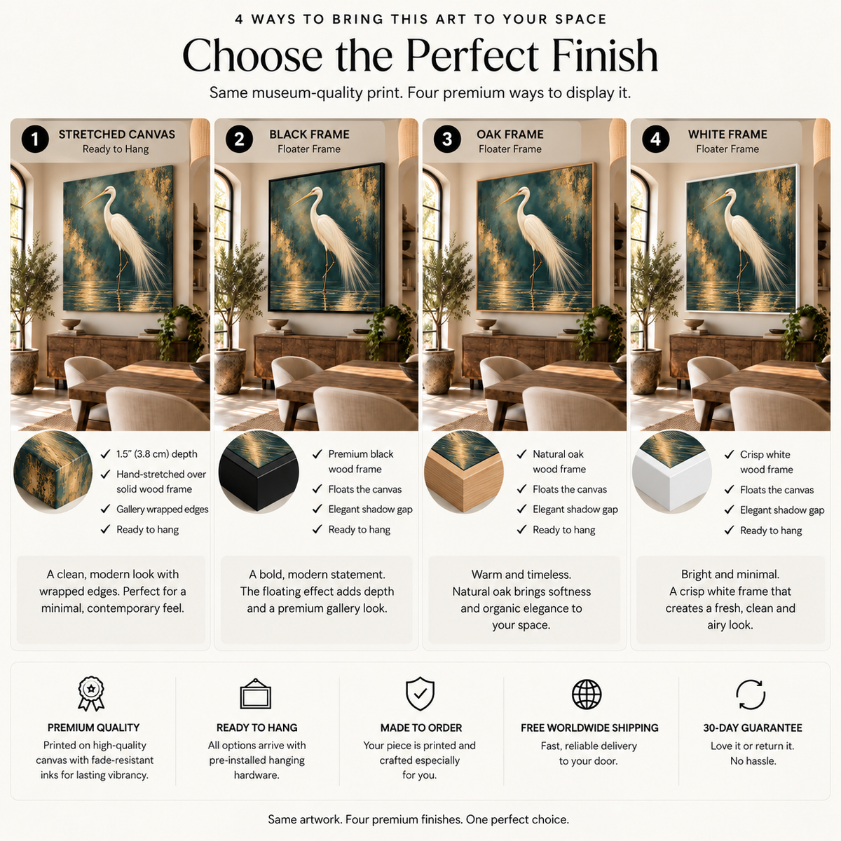 White Egret Wall Art – Teal & Gold Bird Canvas