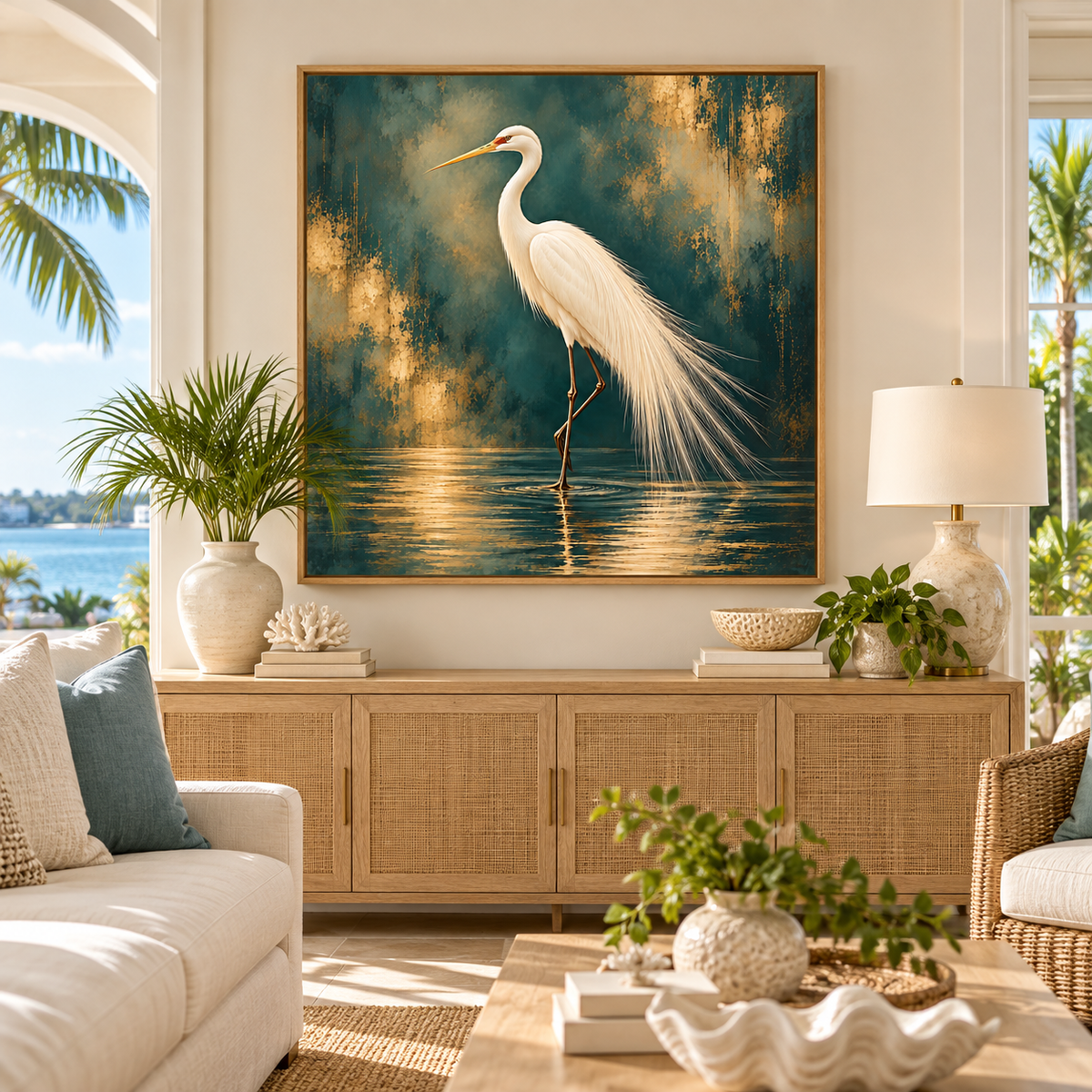 White Egret Wall Art – Teal & Gold Bird Canvas