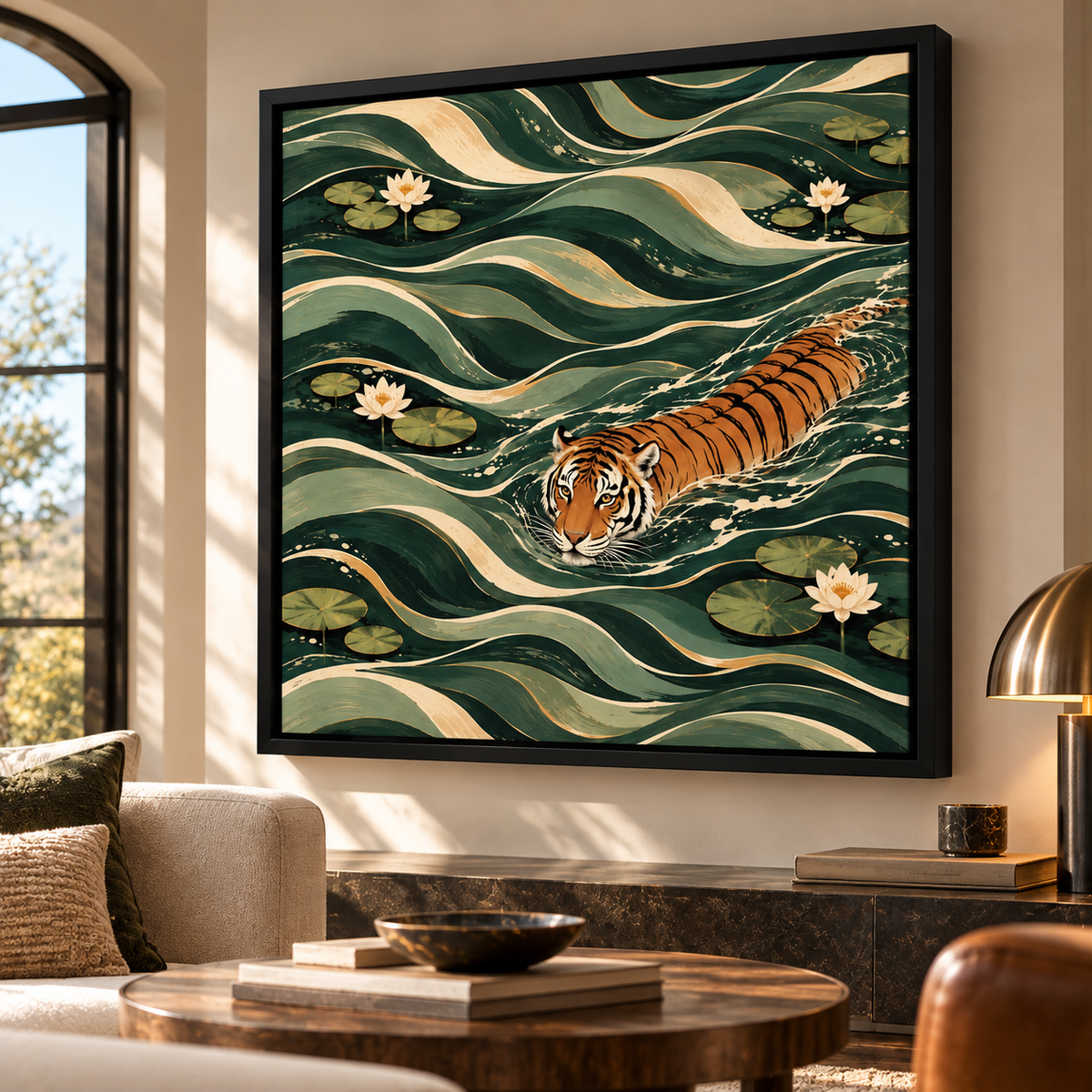 Swimming Tiger Wall Art – Green Botanical Wildlife Canvas