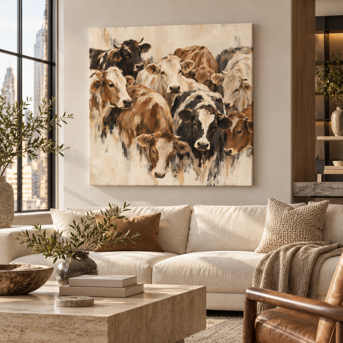 Cow Herd Wall Art – Neutral Rustic Farmhouse Cattle Canvas