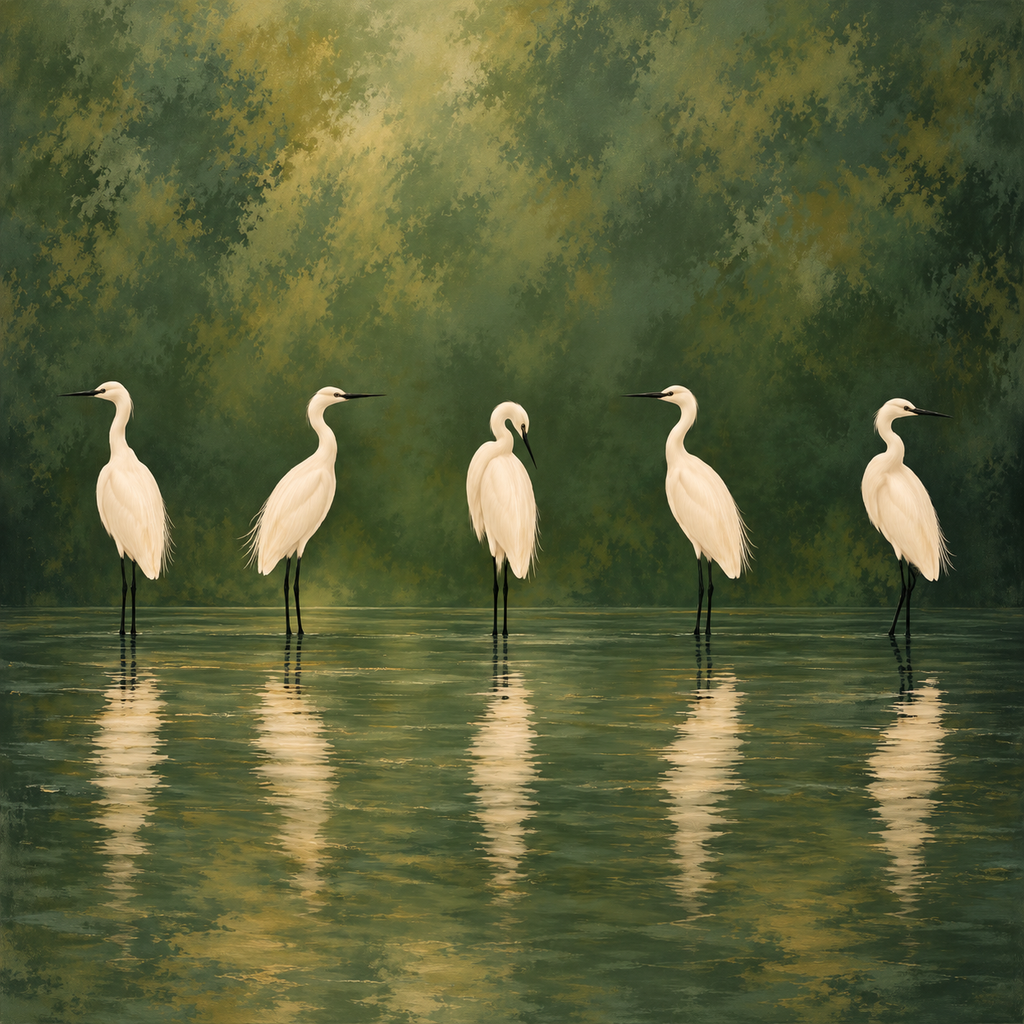 White Egret Wall Art – Five Birds on Deep Green Canvas