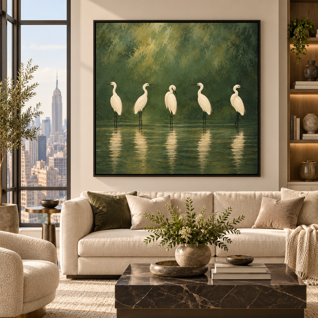 White Egret Wall Art – Five Birds on Deep Green Canvas