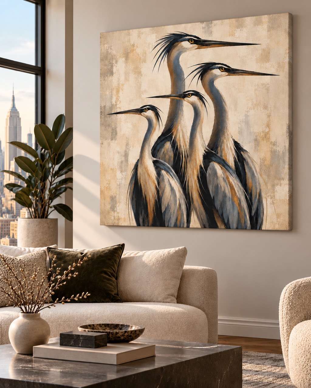 Abstract Heron Wall Art – Modern Four Birds Canvas