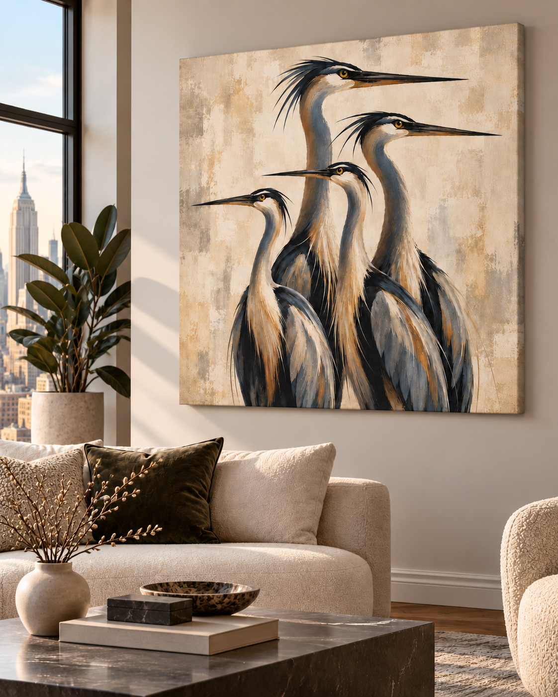 Abstract Heron Wall Art – Modern Four Birds Canvas