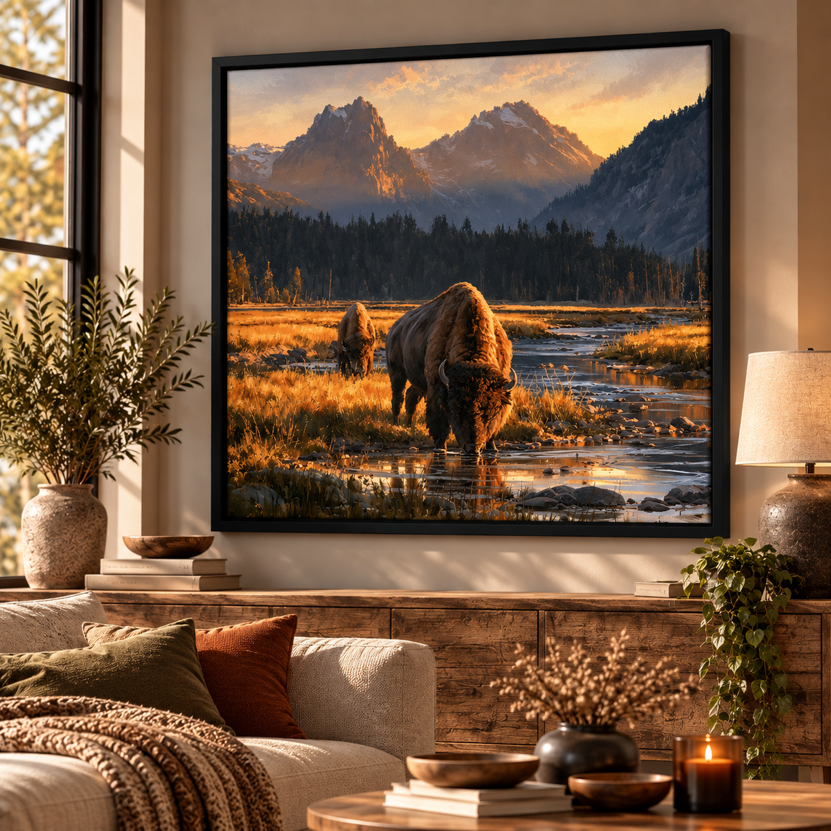 Yellowstone Bison Canvas Wall Art – Western Mountain Landscape Print