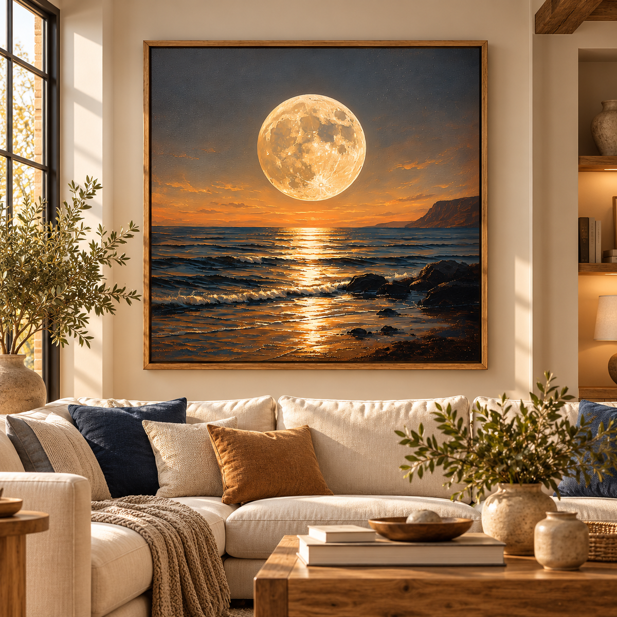Full Moon Over Ocean Wall Art – Golden Moonlight Canvas Print