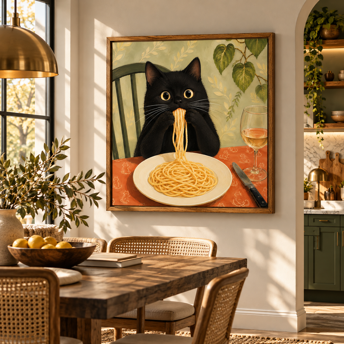 Black Cat Eating Spaghetti Canvas Wall Art – Funny Kitchen Cat Painting