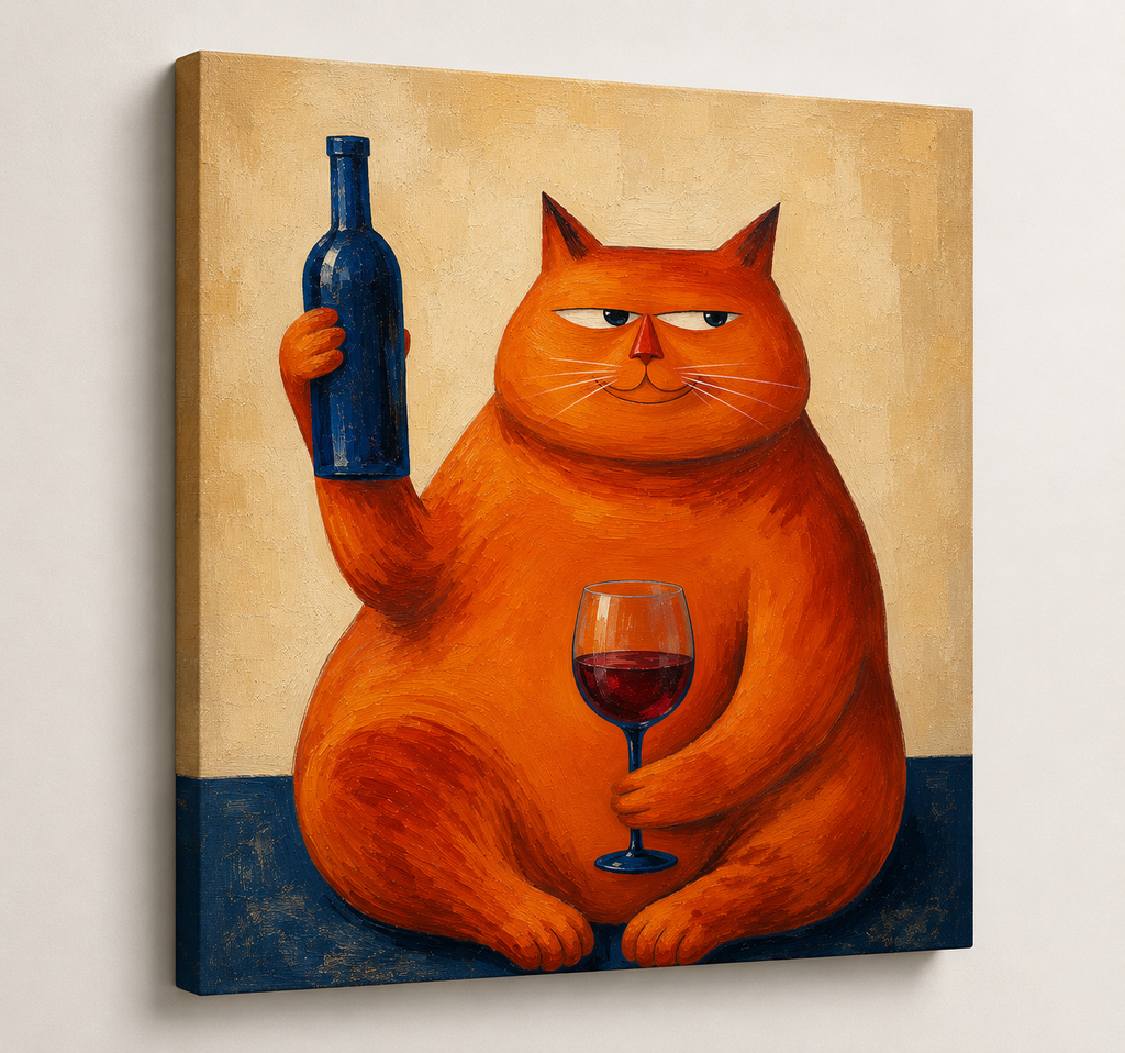 Orange Cat Wine Wall Art – Funny Vintage Cat Canvas for Kitchen & Home Bar-“I’ve had a long day, pour the wine”