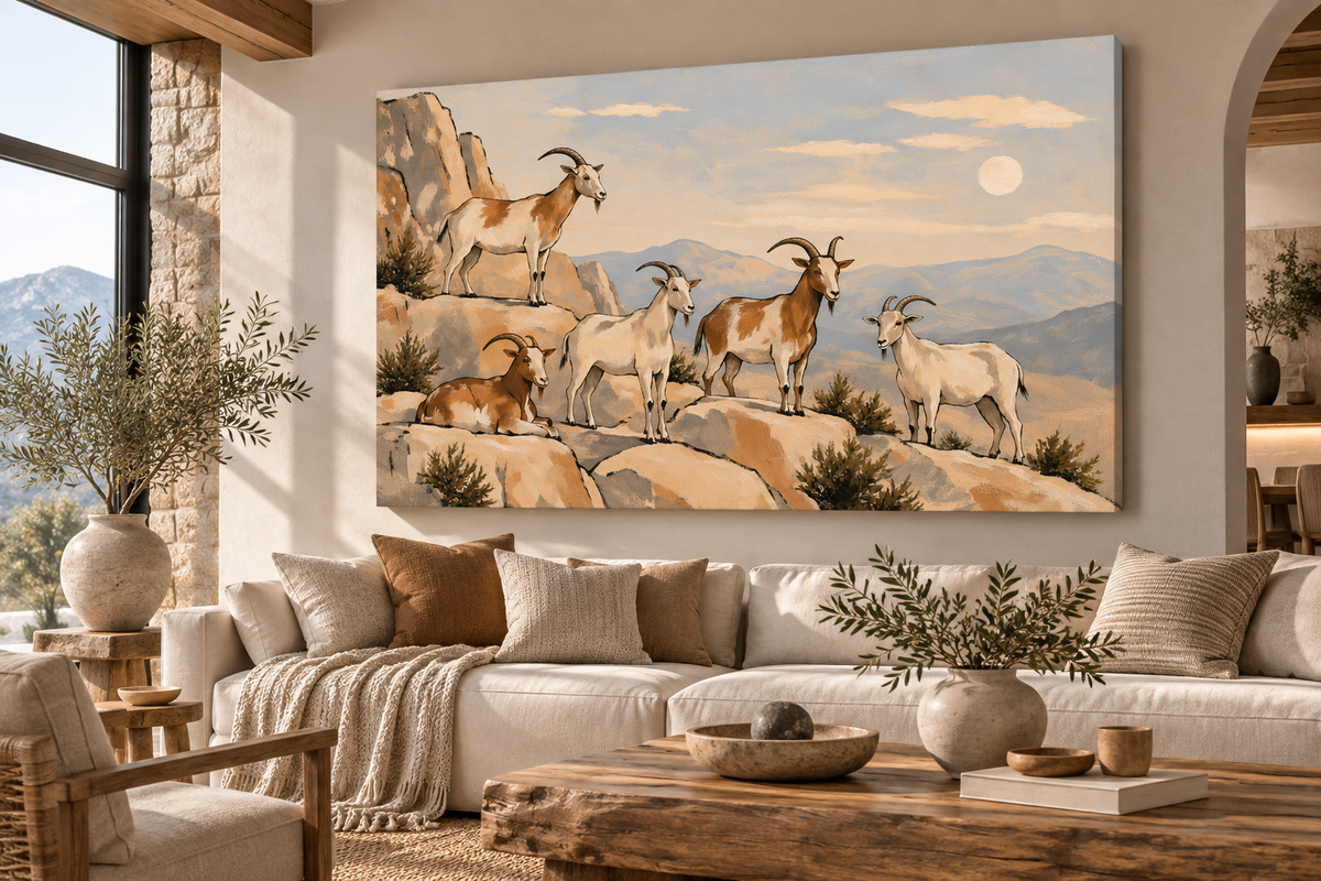 Goat Wall Art – Rustic Mountain Landscape Canvas