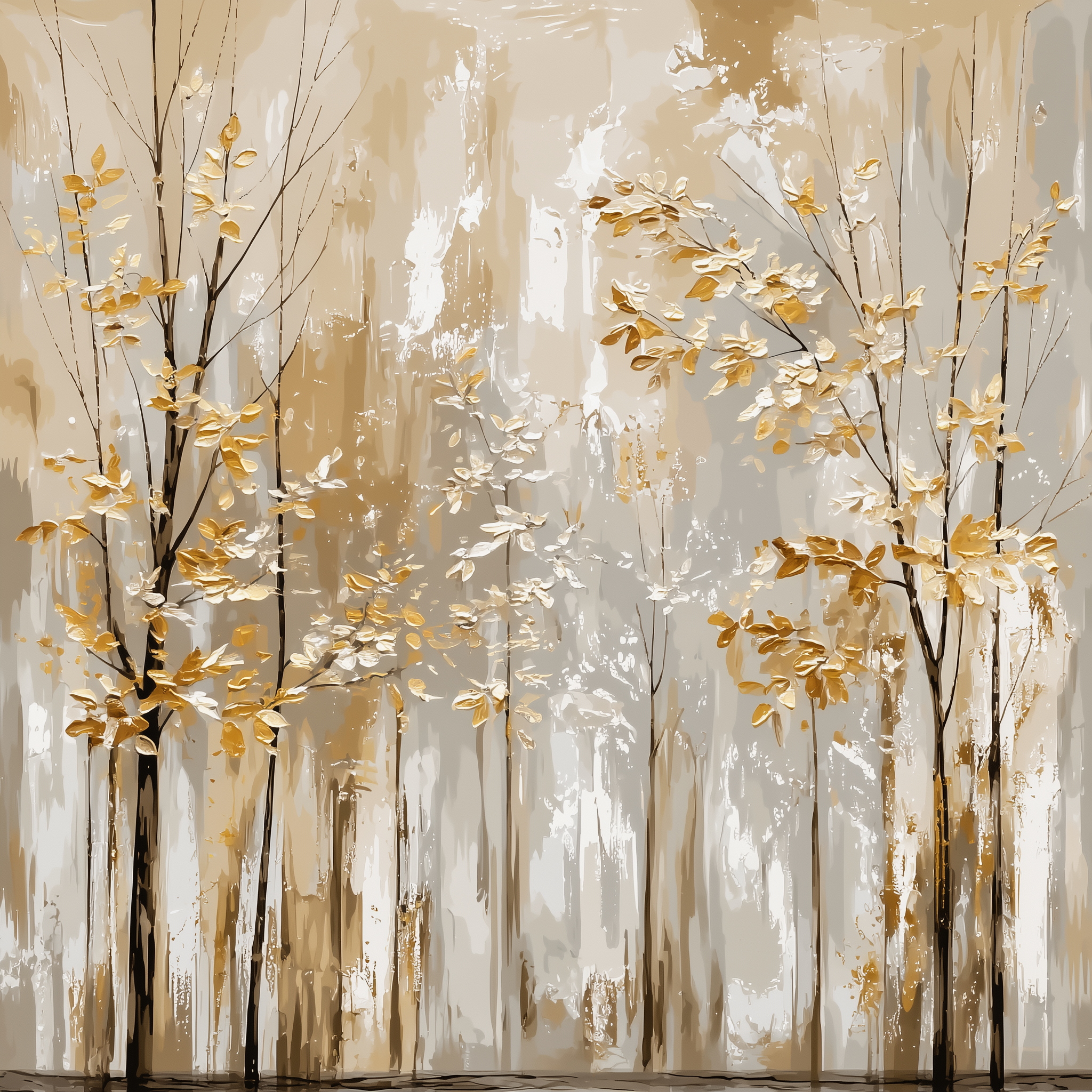 Golden Forest Canvas Wall Art | Neutral Botanical Landscape Painting | Abstract Woodland Canvas Print | Luxury Nature Wall Decor | Japandi Forest Artwork