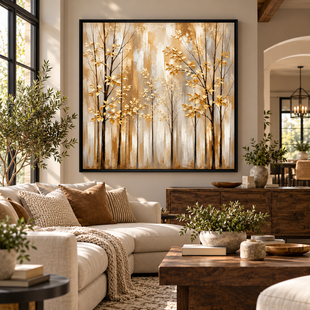 Golden Forest Wall Art – Neutral Abstract Trees Canvas Print