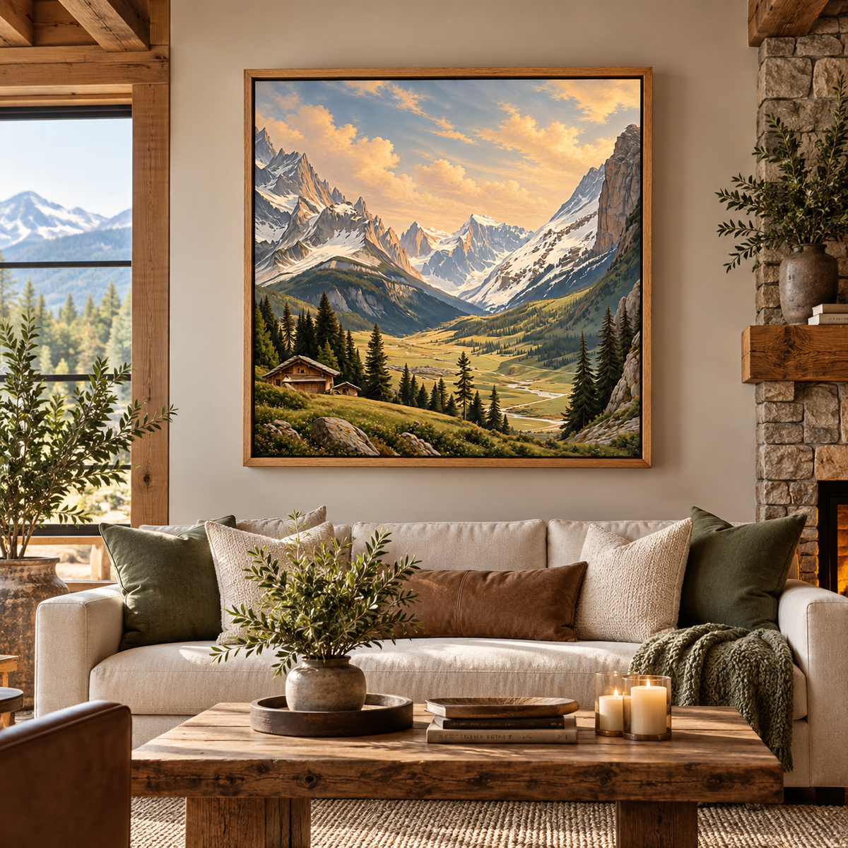 Alpine Mountain Wall Art – Snowy Peaks & Cabin Canvas Print