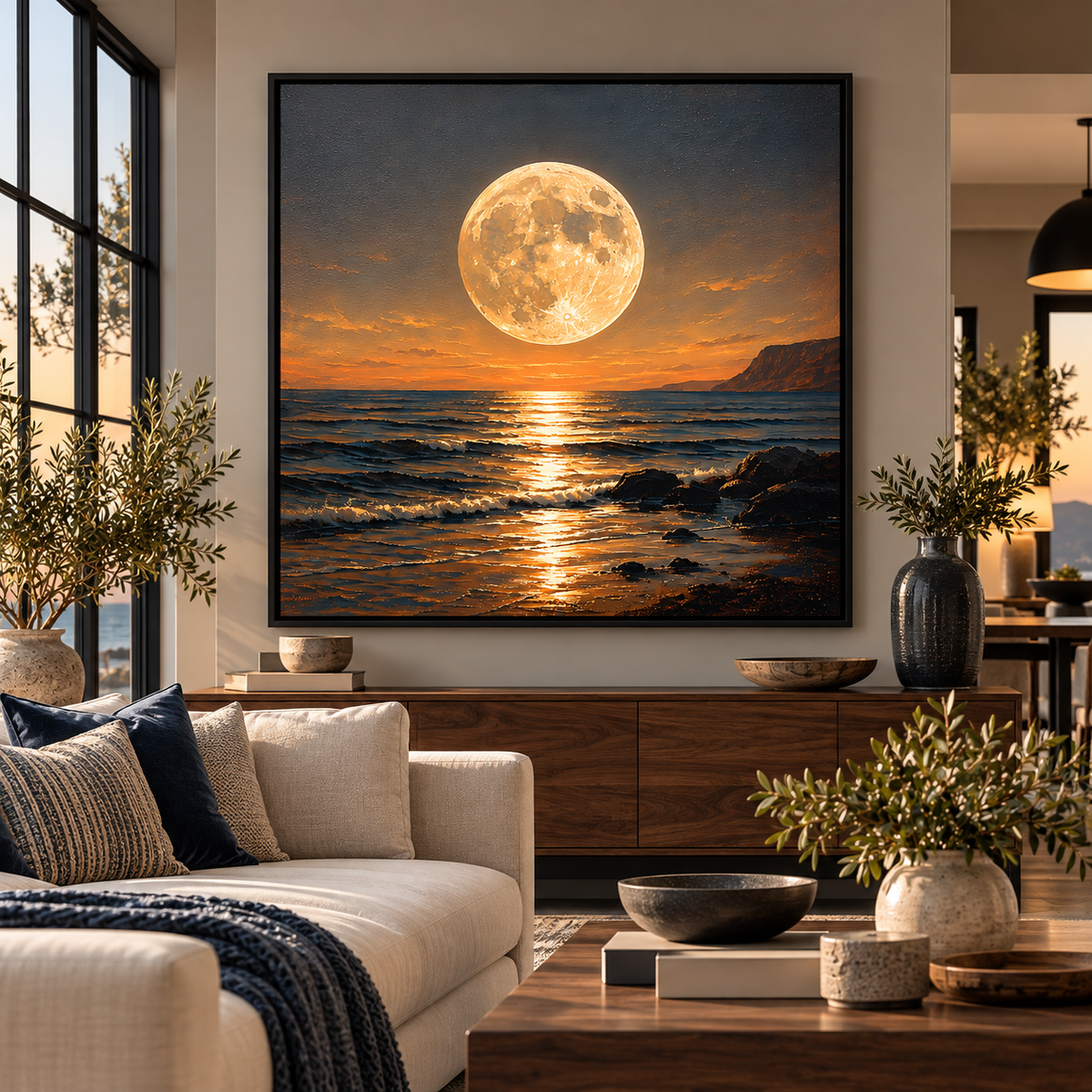 Full Moon Over Ocean Wall Art – Golden Moonlight Canvas Print