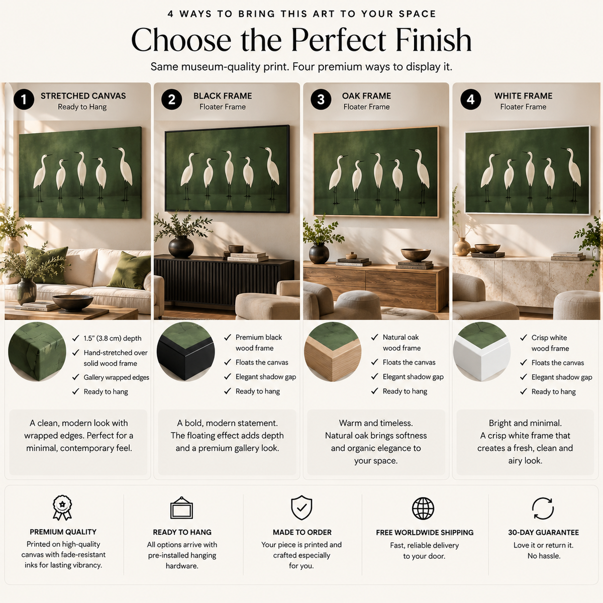 White Egret Wall Art – Five Birds on Deep Green Canvas