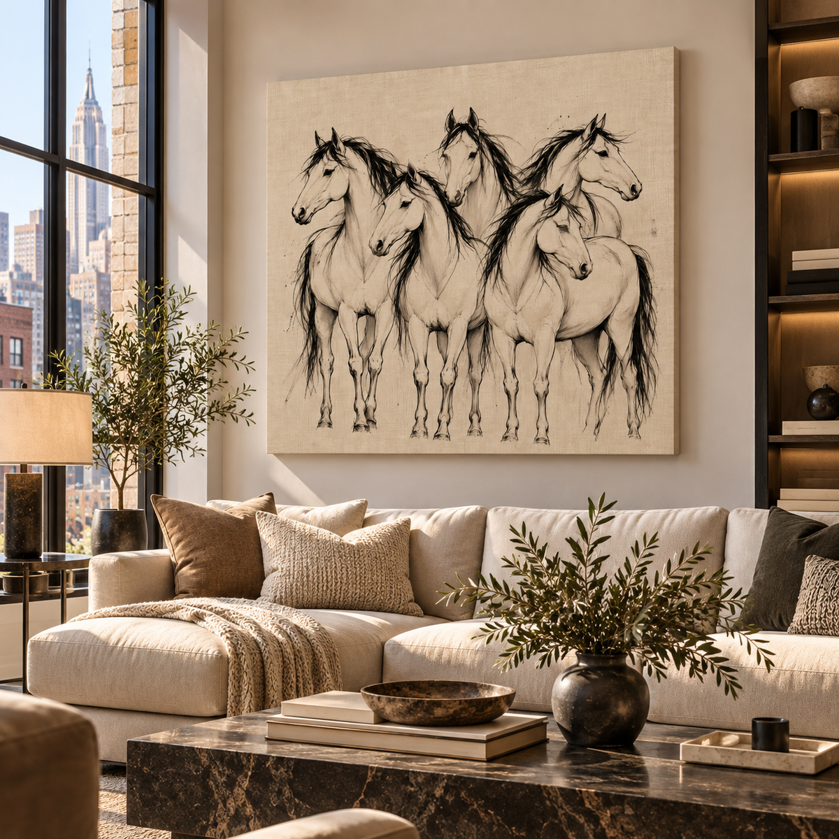 Horse Herd Wall Art – Neutral Equestrian Line Art Canvas