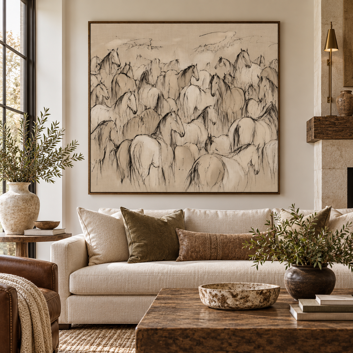 Charcoal Horse Wall Art – Neutral Equestrian Herd Canvas