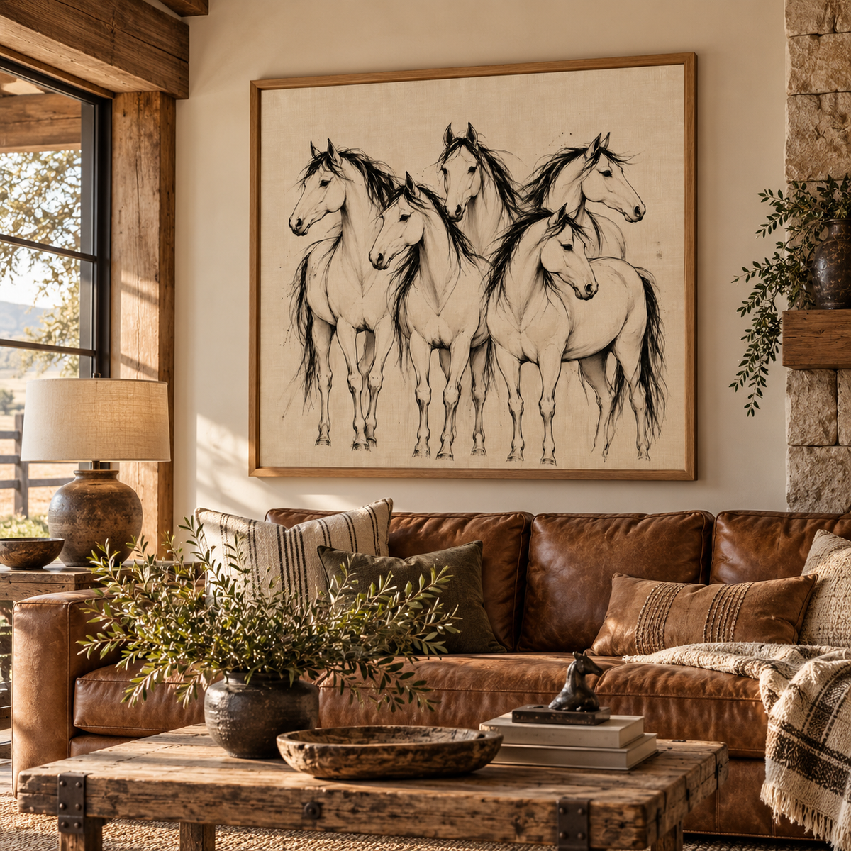 Horse Herd Wall Art – Neutral Equestrian Line Art Canvas