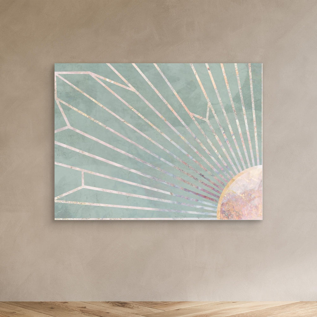 Gold geometric sun rays mural green