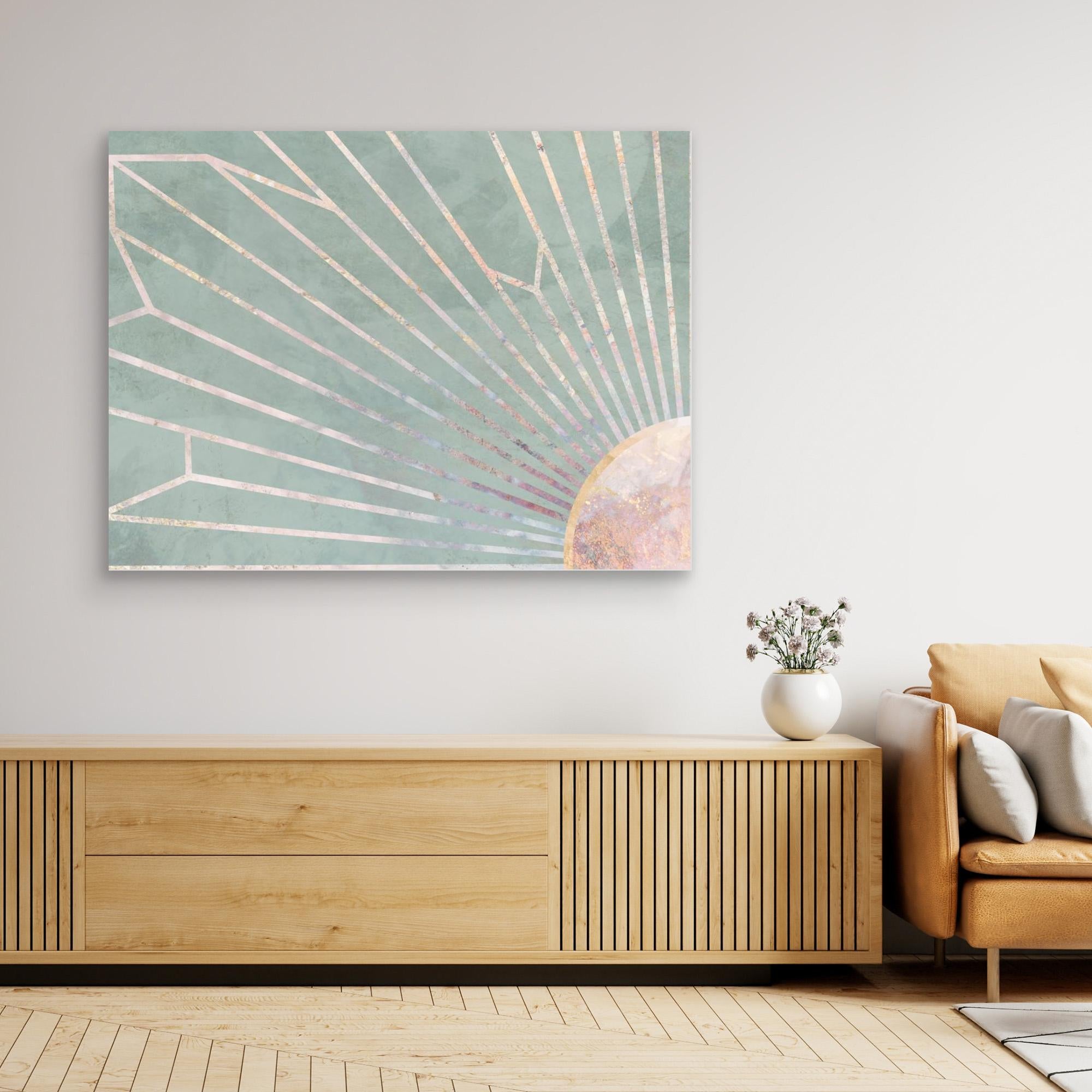 Gold geometric sun rays mural green