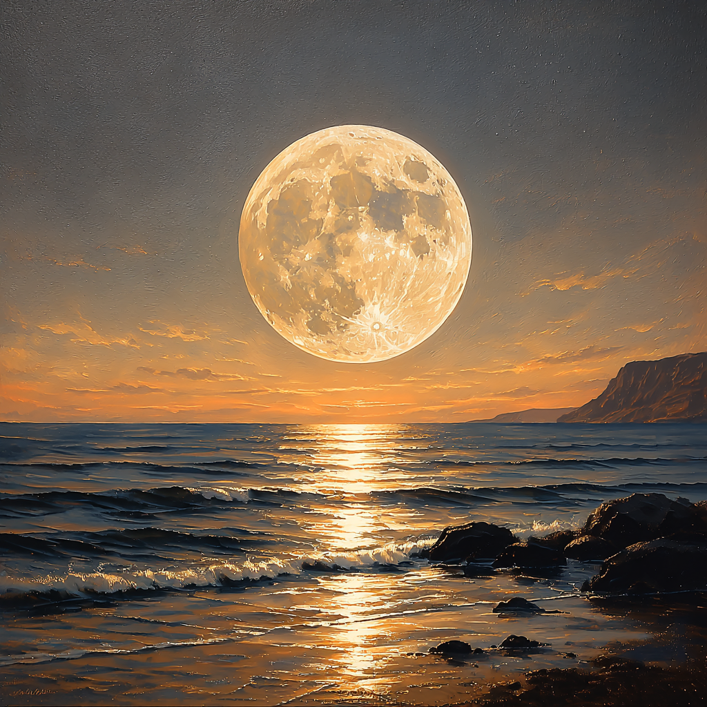 Large Full Moon Over Ocean Canvas Wall Art | Moonlight Seascape Painting | Coastal Landscape Canvas Print | Neutral Beach Wall Decor | Minimalist Moon Artwork