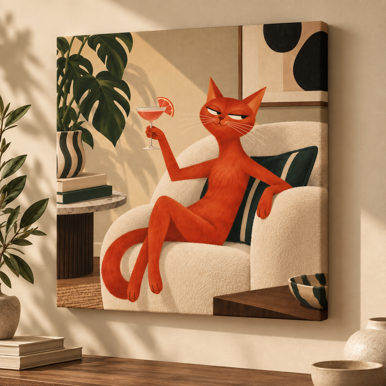 Orange Cat Cocktail Wall Art – Retro Mid Century Cat Canvas-'' I own this place''