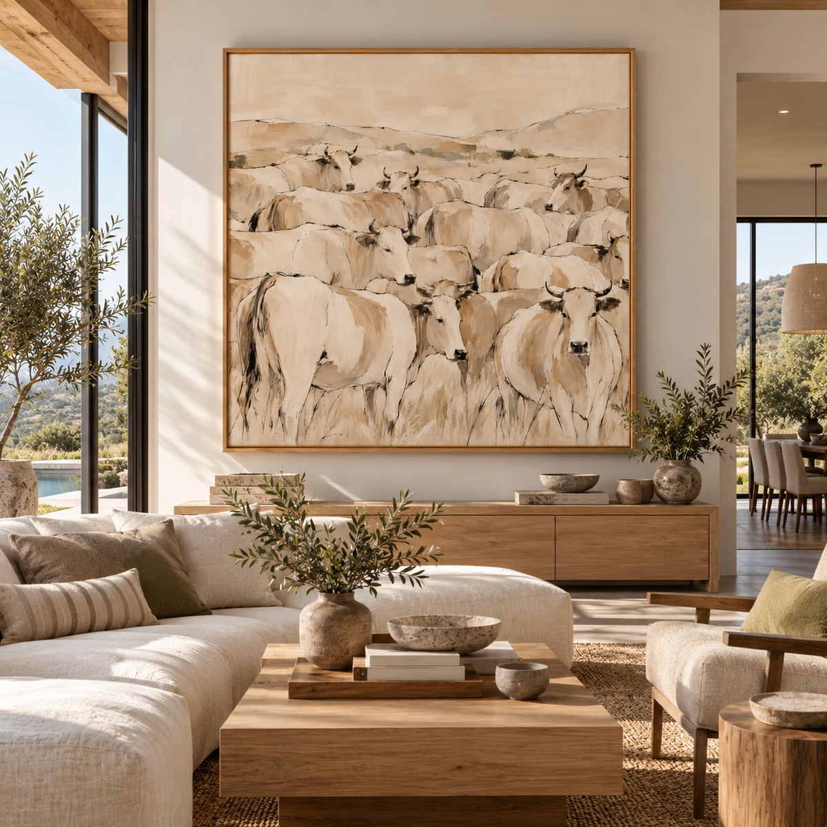 Cow Herd Wall Art – Neutral Cattle Canvas for Rustic Farmhouse Decor