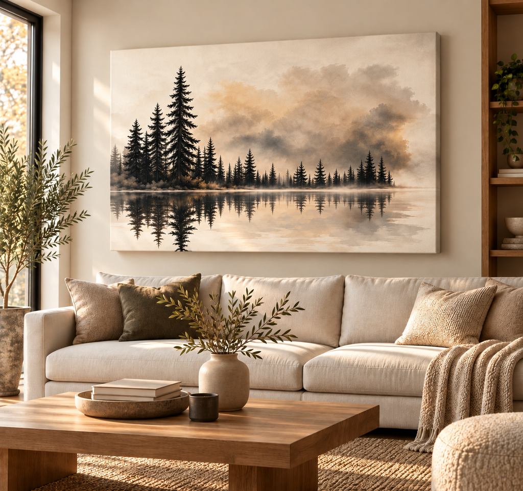 Misty Forest Wall Art – Neutral Lake Landscape Canvas Print