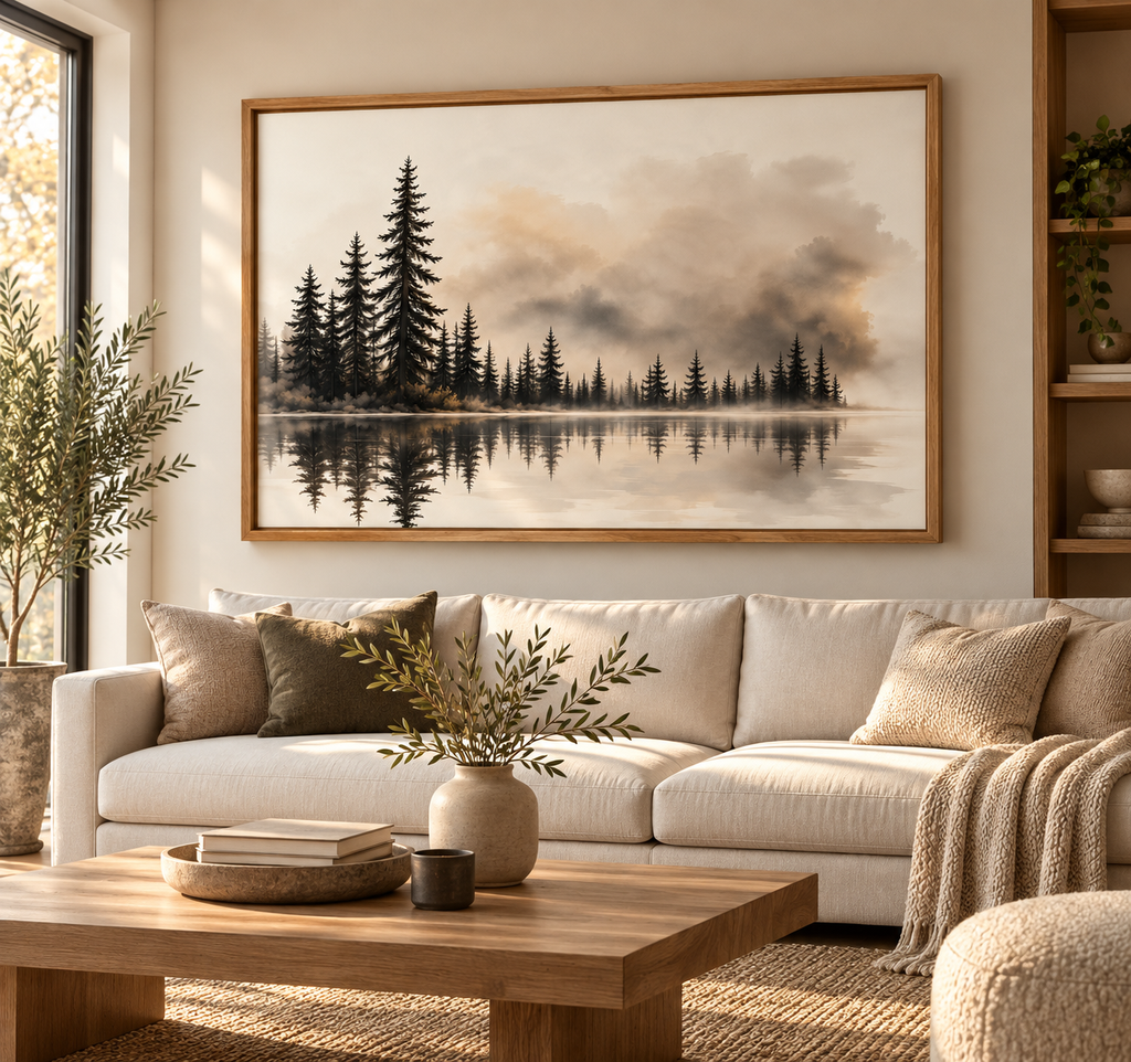 Misty Forest Wall Art – Neutral Lake Landscape Canvas Print