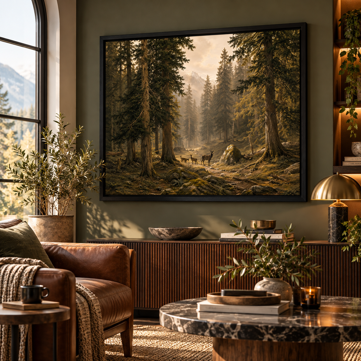 Deer in Forest Canvas Wall Art – Vintage Woodland Landscape Print