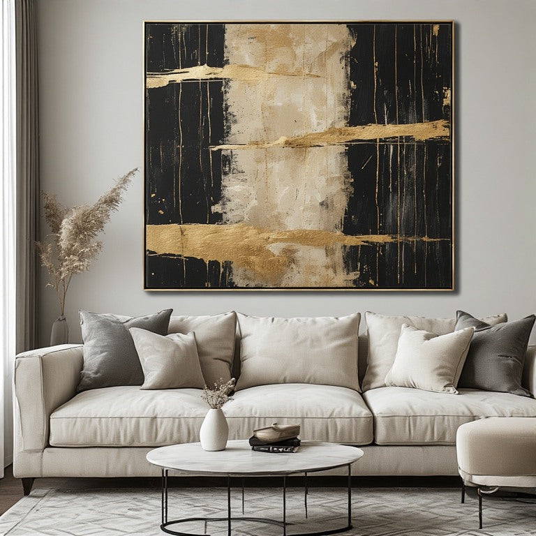 Black Gold Abstract Canvas Wall Art for Modern Living Room