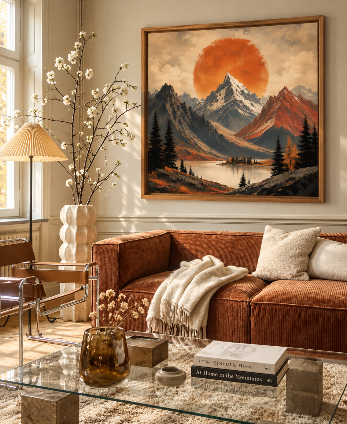 Orange Sun Mountain Landscape Canvas Wall Art – Vintage Alpine Nature Print