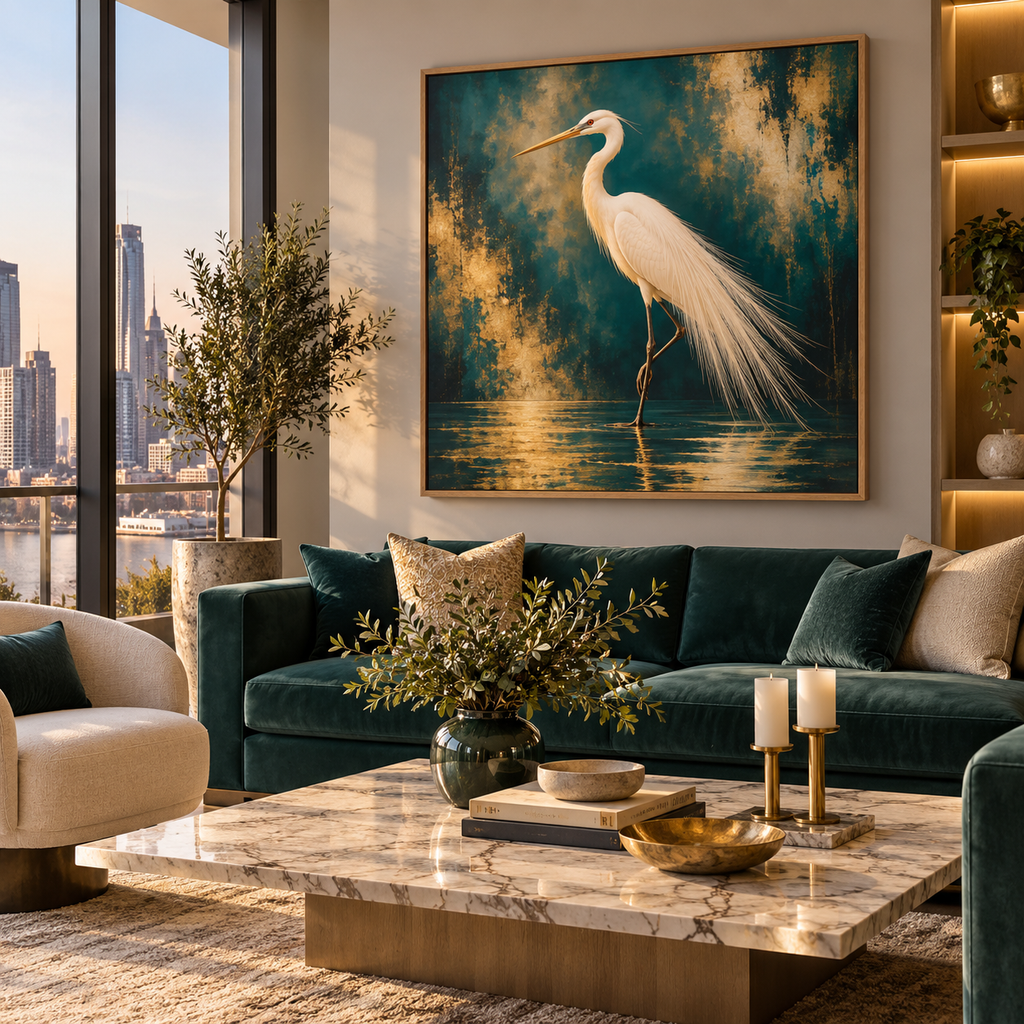 White Egret Wall Art – Teal & Gold Bird Canvas
