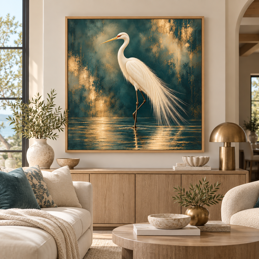 White Egret Wall Art – Teal & Gold Bird Canvas