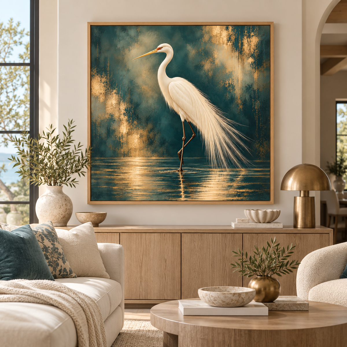 White Egret Wall Art – Teal & Gold Bird Canvas