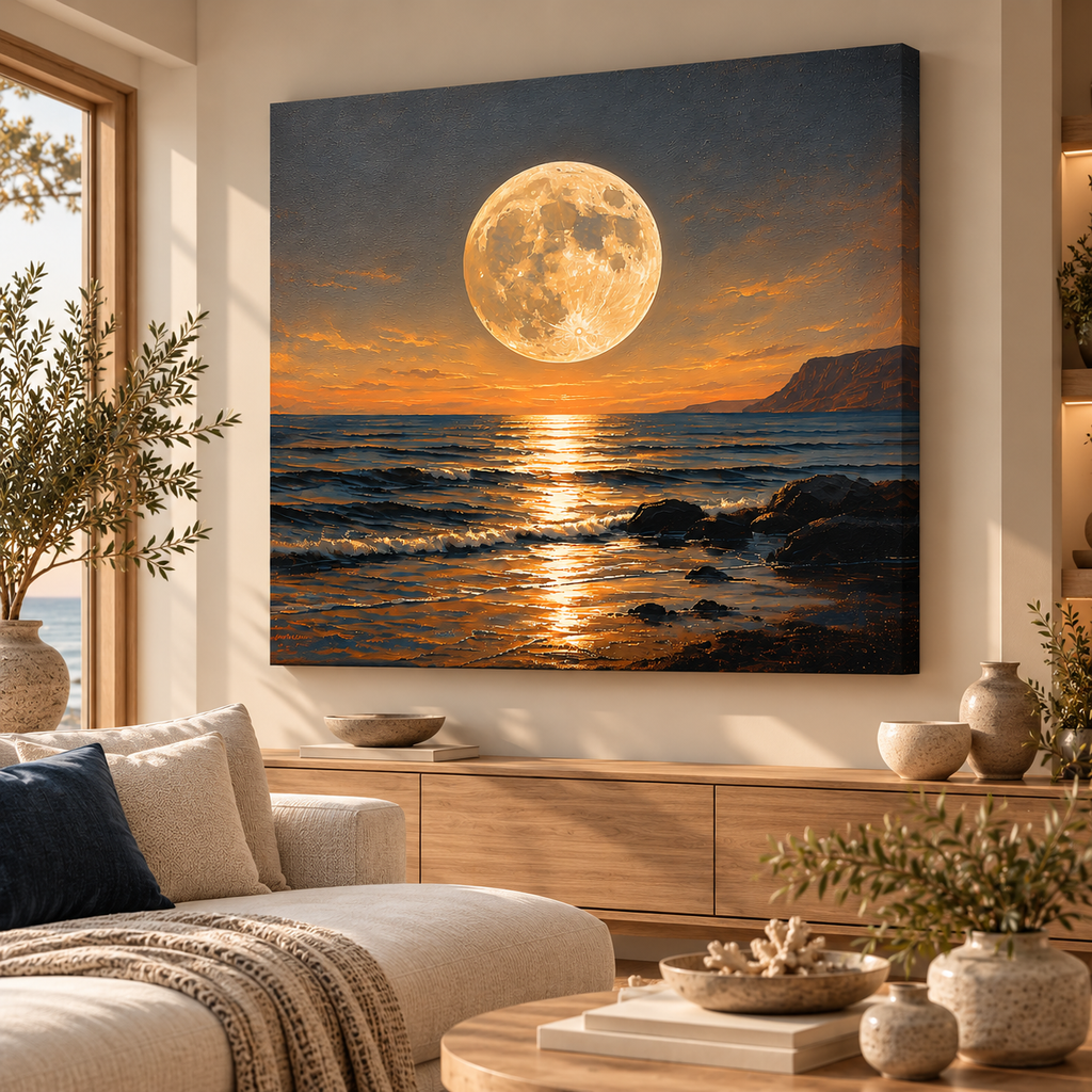 Full Moon Over Ocean Wall Art – Golden Moonlight Canvas Print