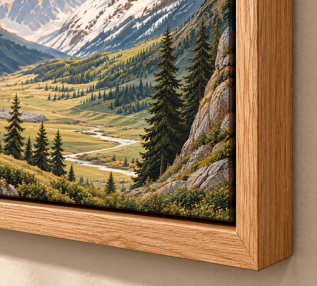 Alpine Mountain Wall Art – Snowy Peaks & Cabin Canvas Print