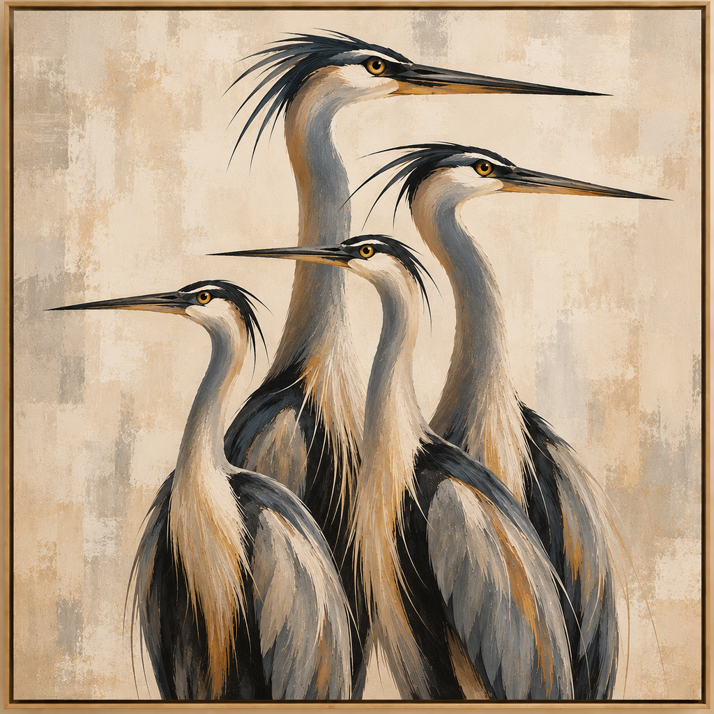 Abstract Heron Wall Art – Modern Four Birds Canvas